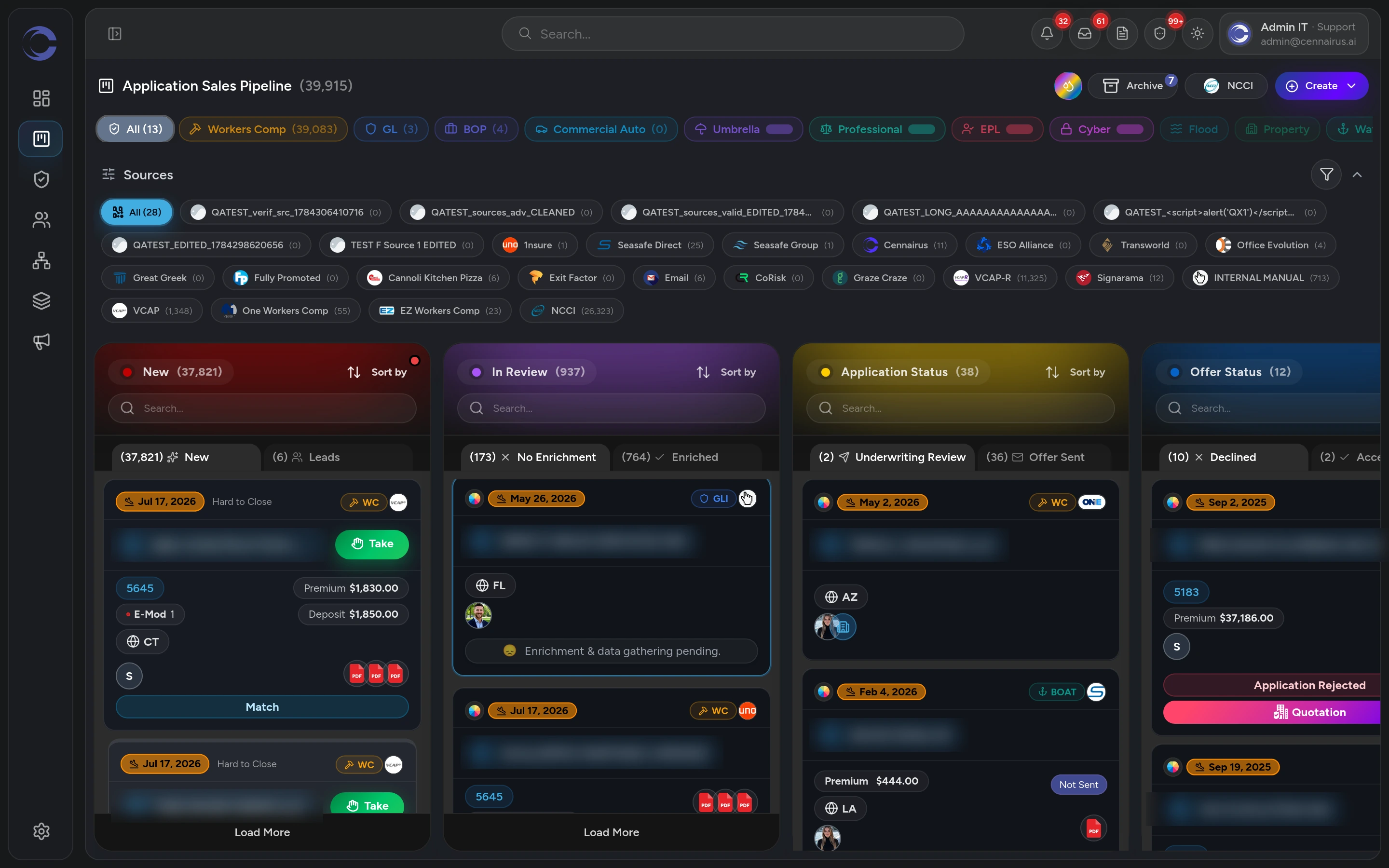 Cennairus AI application sales pipeline with 39,000+ commercial insurance applications