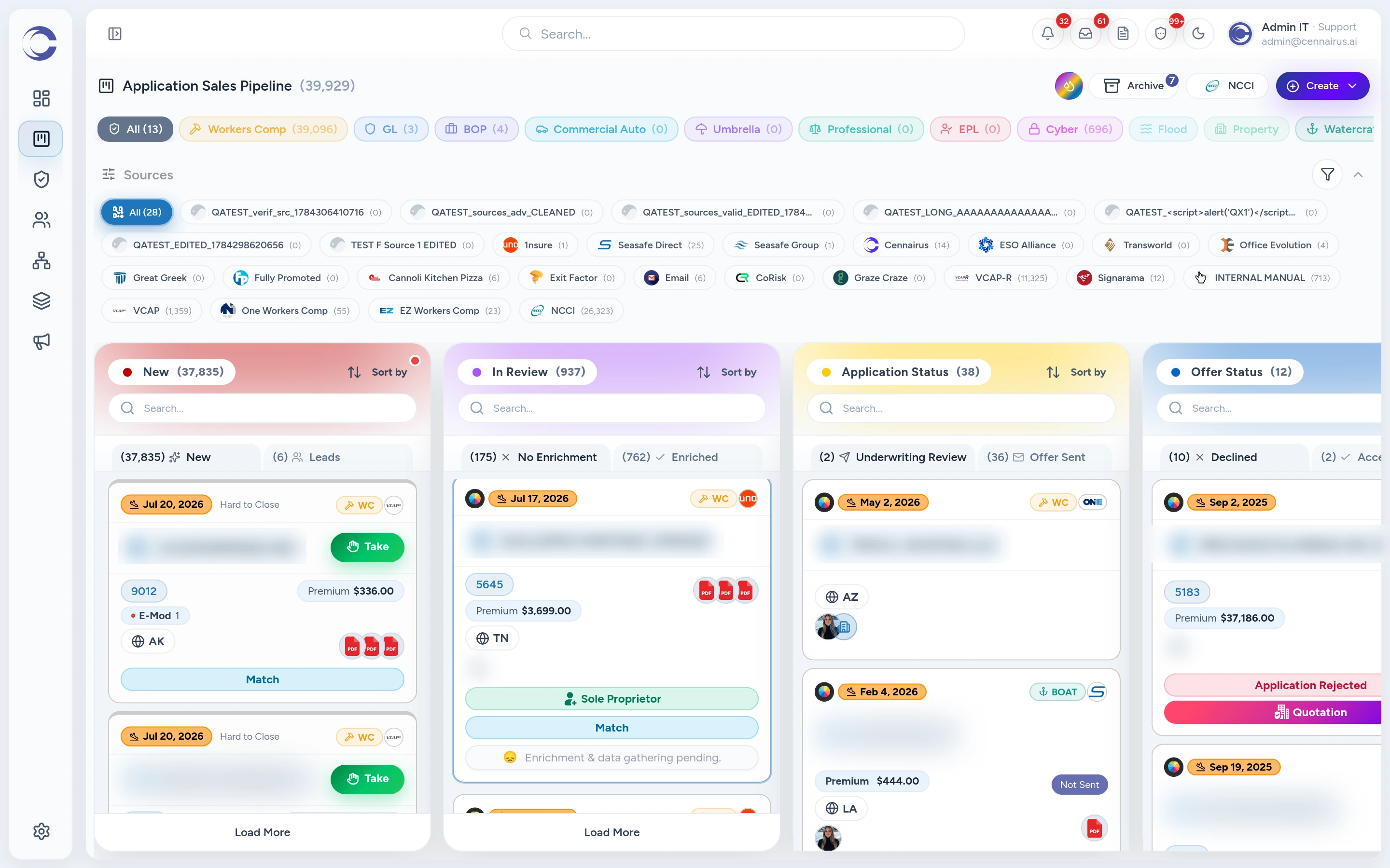 Cennairus AI application sales pipeline with 39,000+ commercial insurance applications