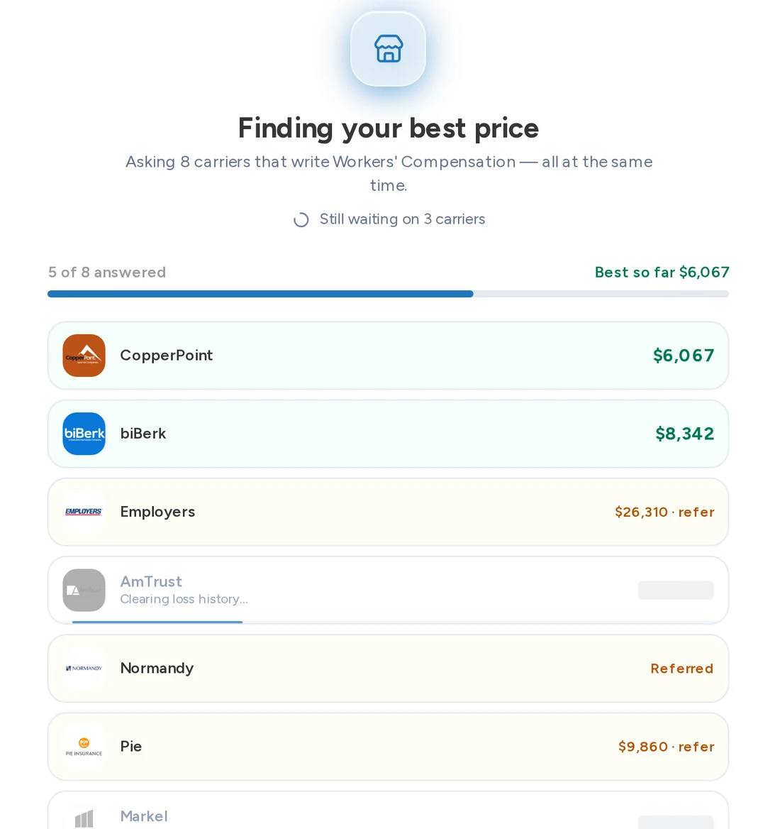 The Cennairus wizard asking eight workers' compensation carriers at once, with a progress bar and the first prices landing