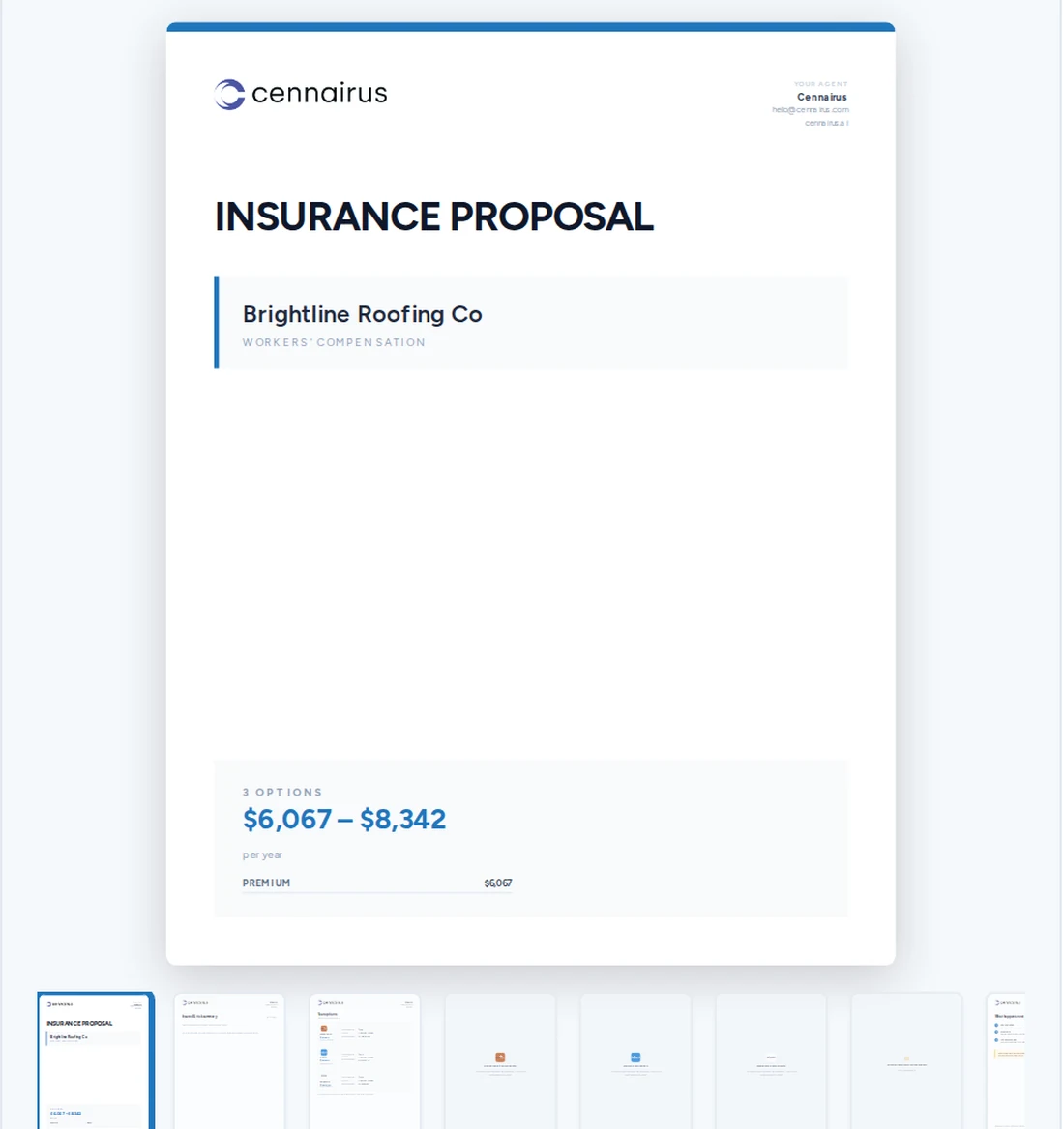 The Cennairus proposal cover for one insured, with three carrier options and the yearly price range