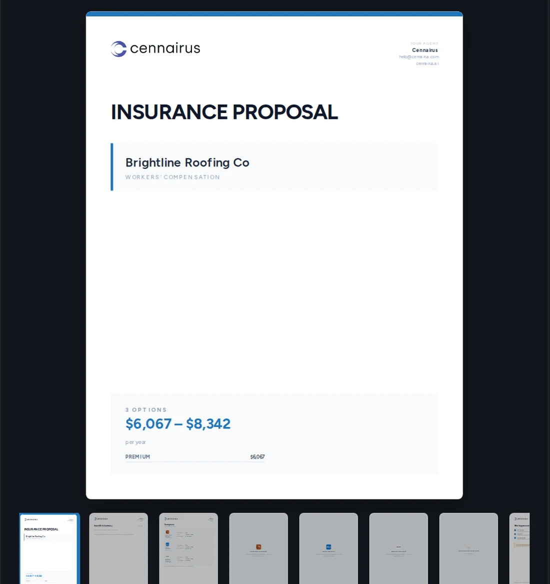 The Cennairus proposal cover for one insured, with three carrier options and the yearly price range