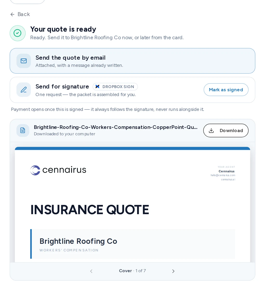 The Cennairus quote ready to send for signature in one request, with the quote document under it