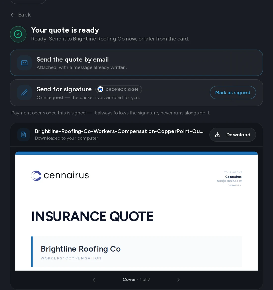The Cennairus quote ready to send for signature in one request, with the quote document under it