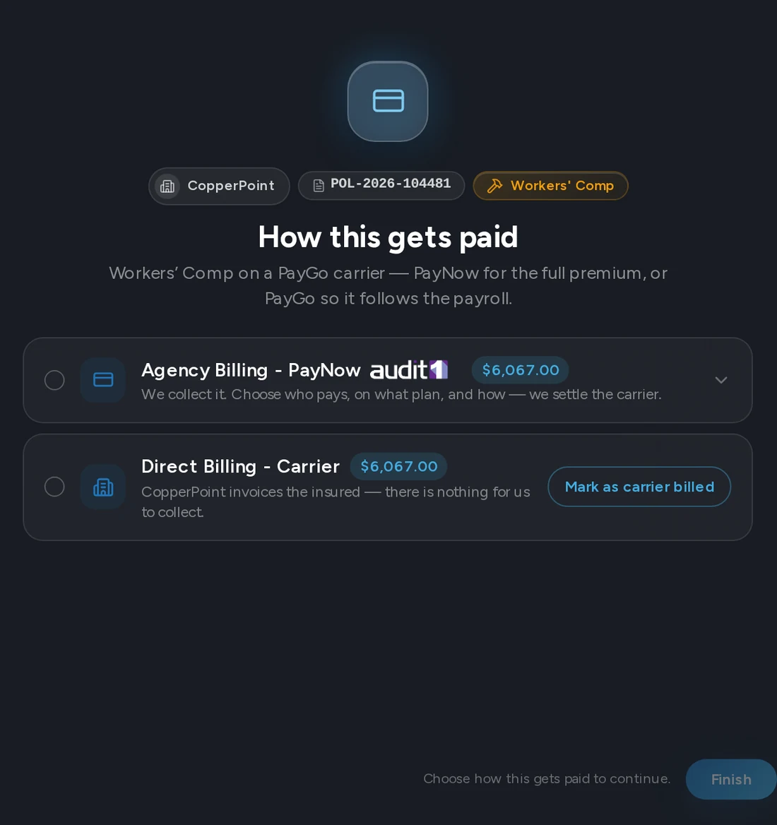 The Cennairus payment step: billing options, the payment plan, and the bank or card checkout with Plaid and Stripe