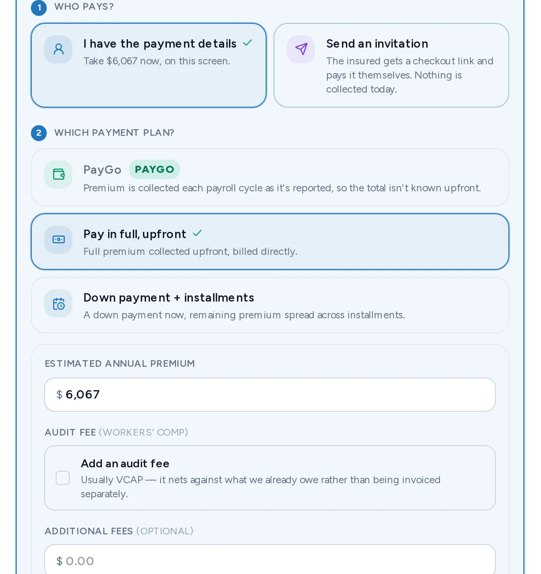 The Cennairus payment step: billing options, the payment plan, and the bank or card checkout with Plaid and Stripe