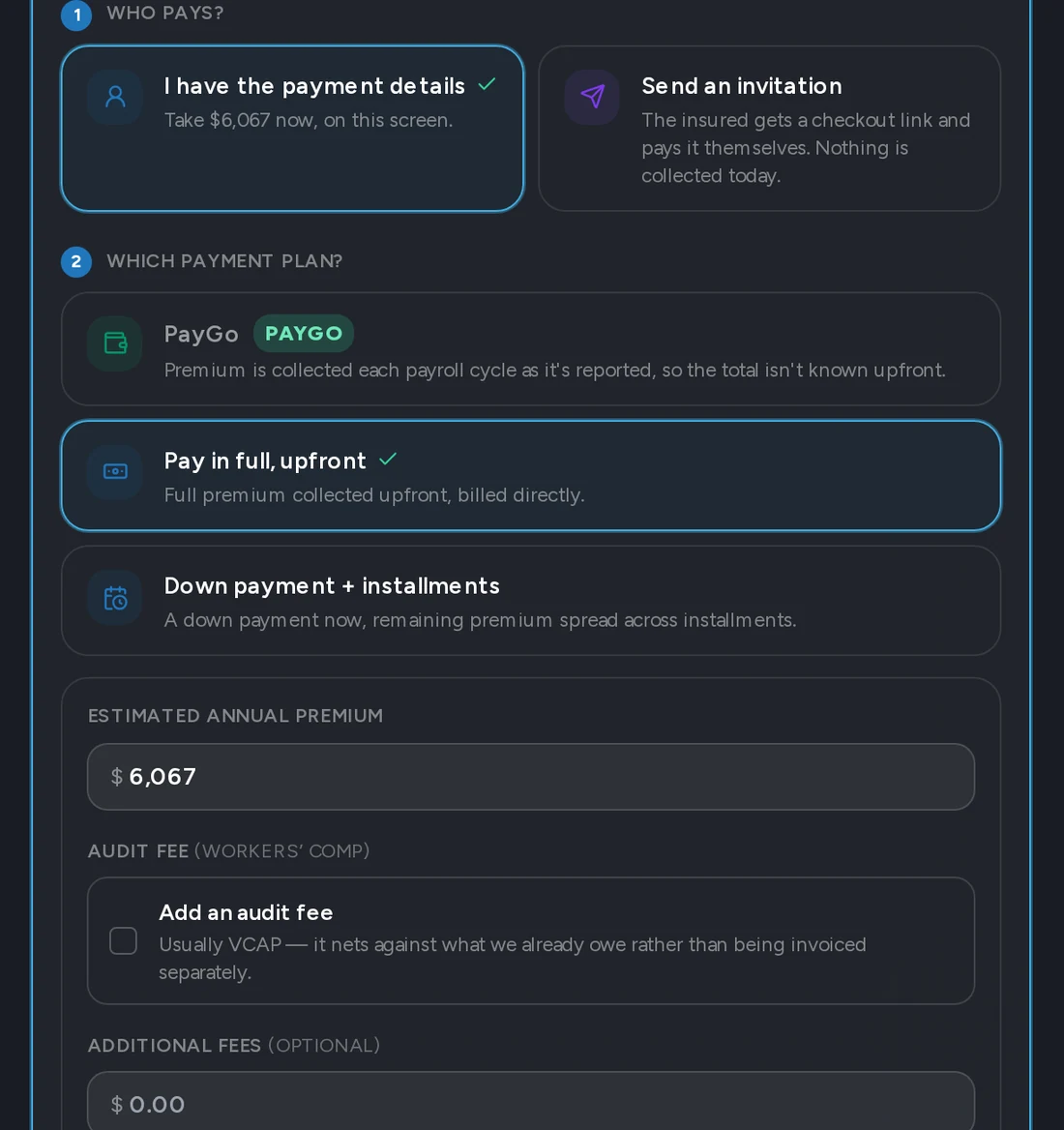 The Cennairus payment step: billing options, the payment plan, and the bank or card checkout with Plaid and Stripe