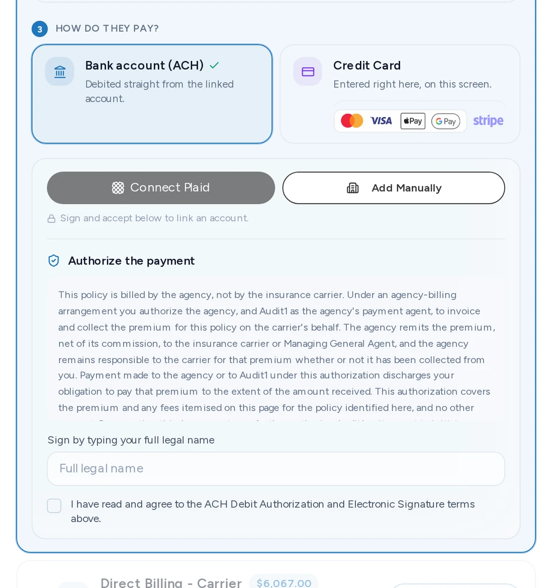 The Cennairus payment step: billing options, the payment plan, and the bank or card checkout with Plaid and Stripe