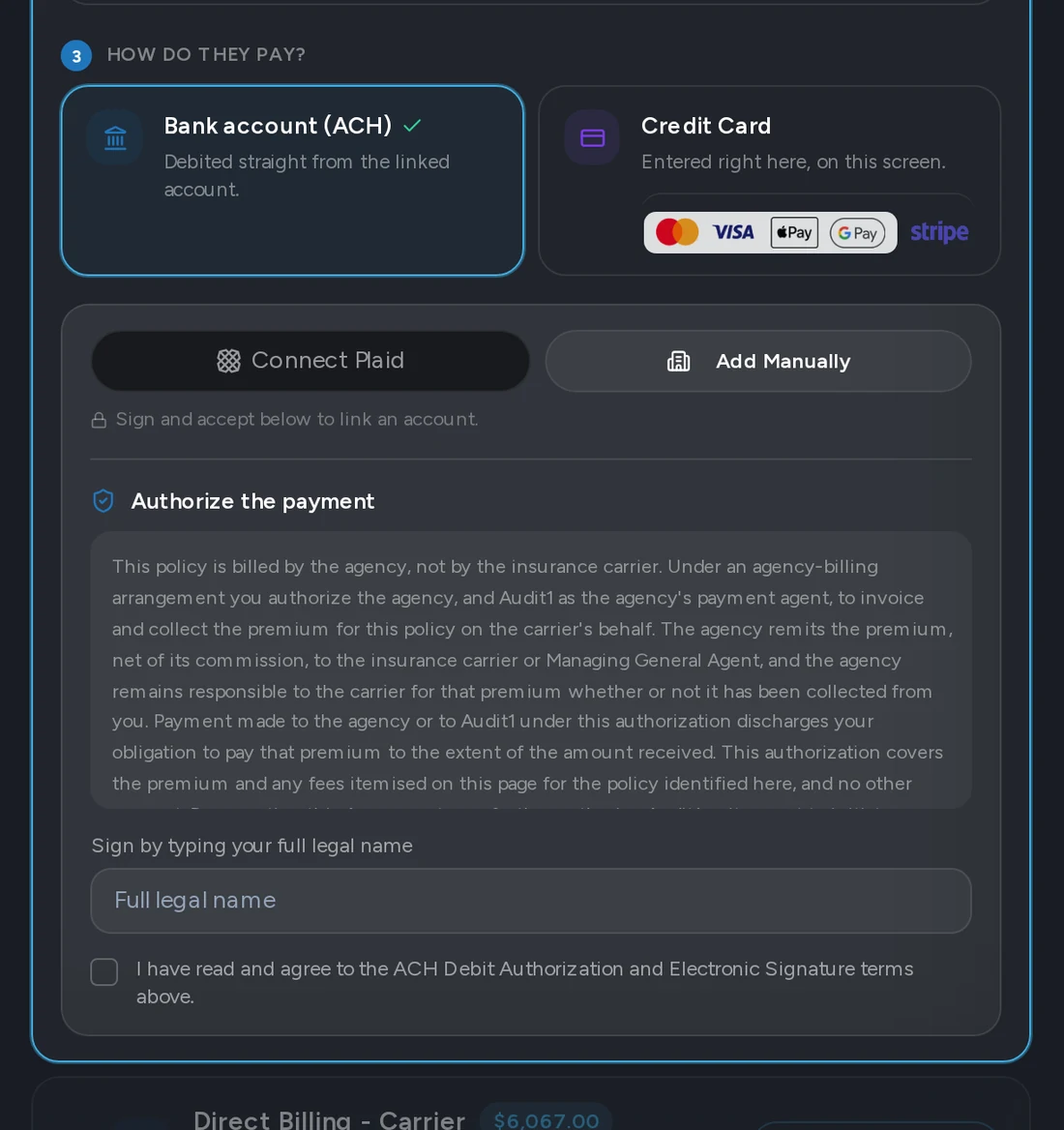 The Cennairus payment step: billing options, the payment plan, and the bank or card checkout with Plaid and Stripe