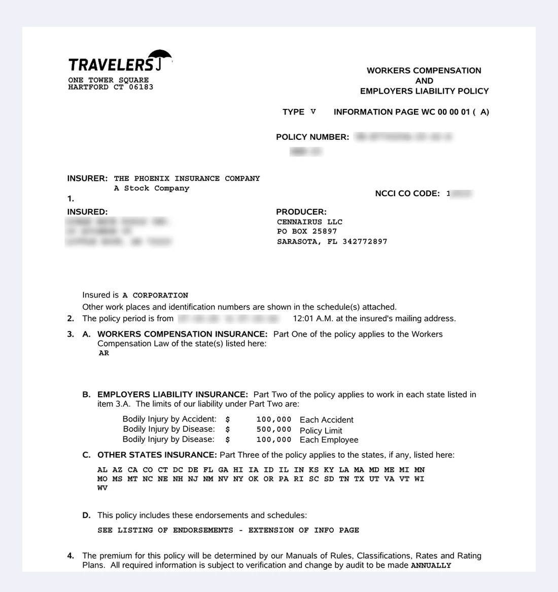 A real Travelers workers' compensation policy information page, with the insured's details blurred