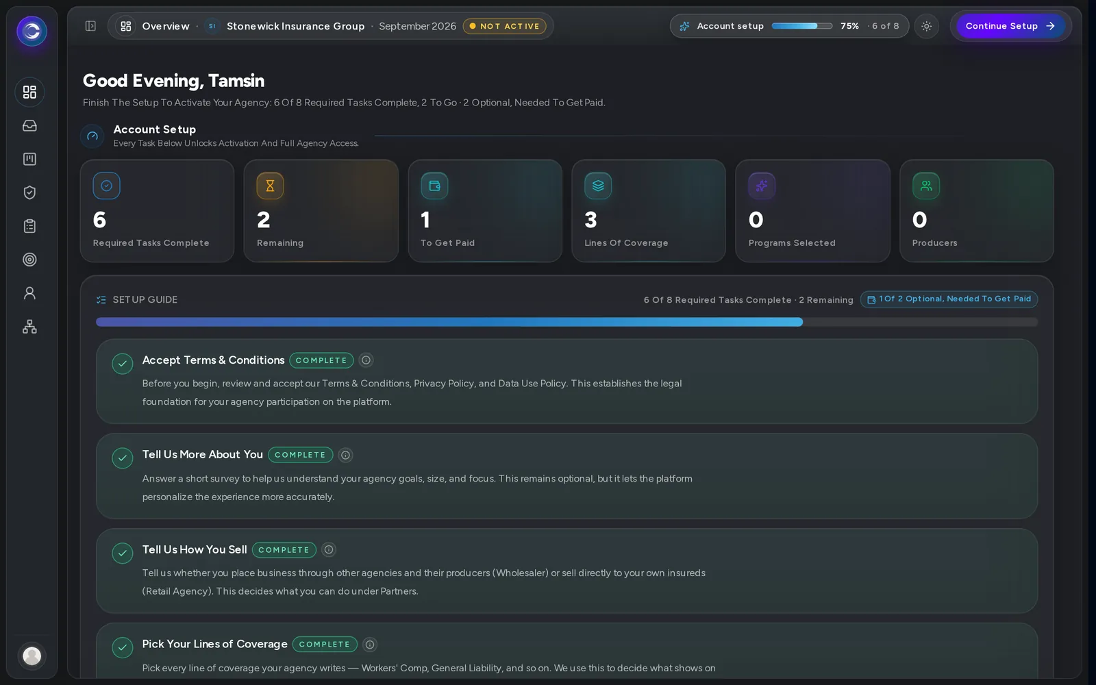 The account setup checklist, showing every task ahead.
