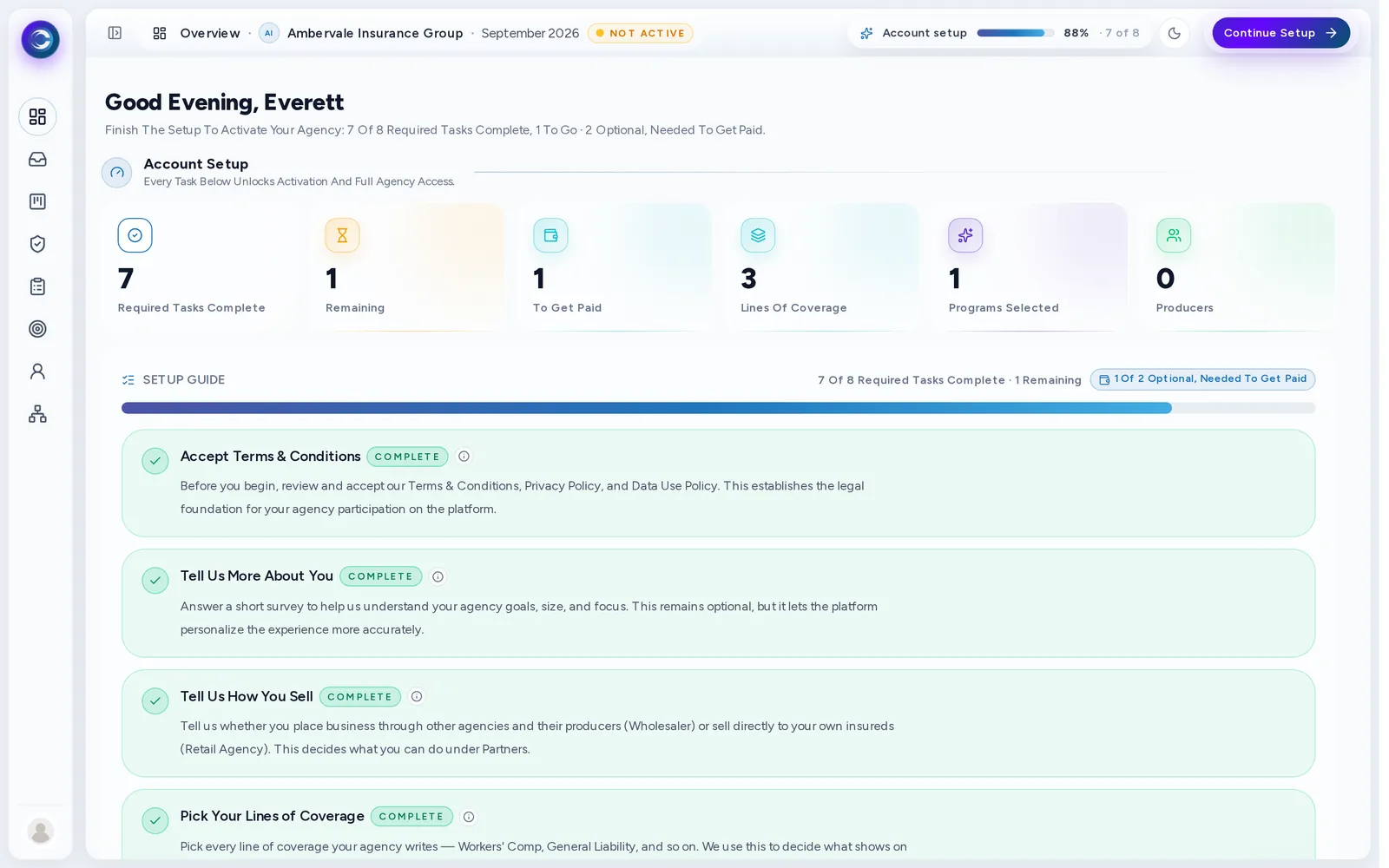 The account setup checklist, showing every task ahead.