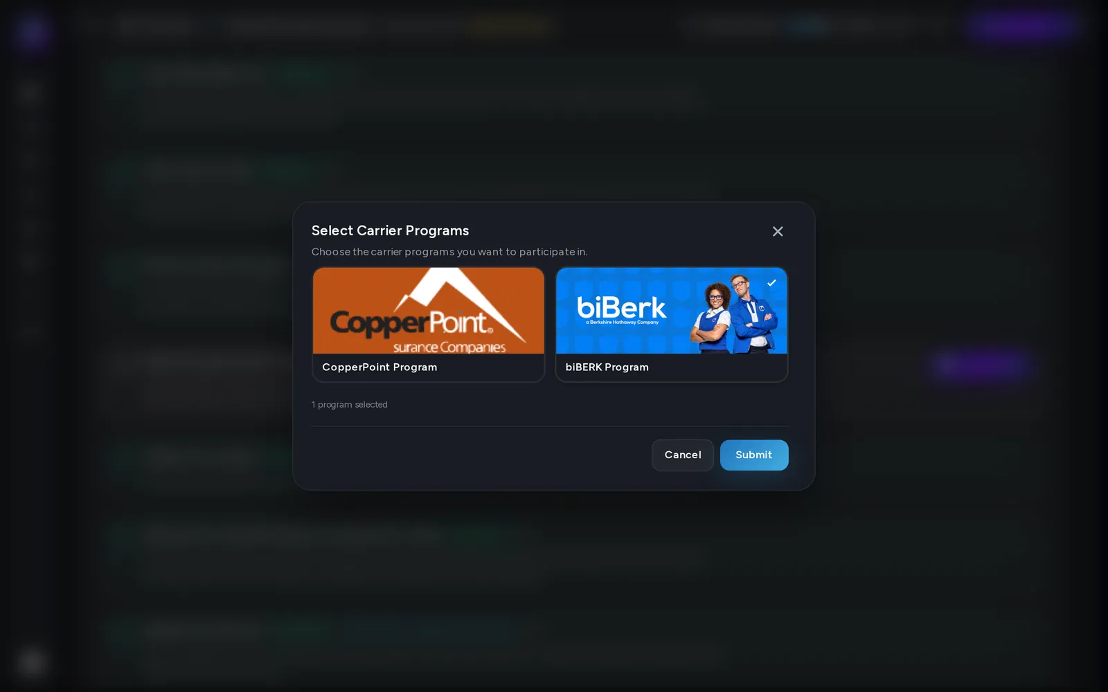 The Select Carrier Programs dialog with the biBerk Program selected.