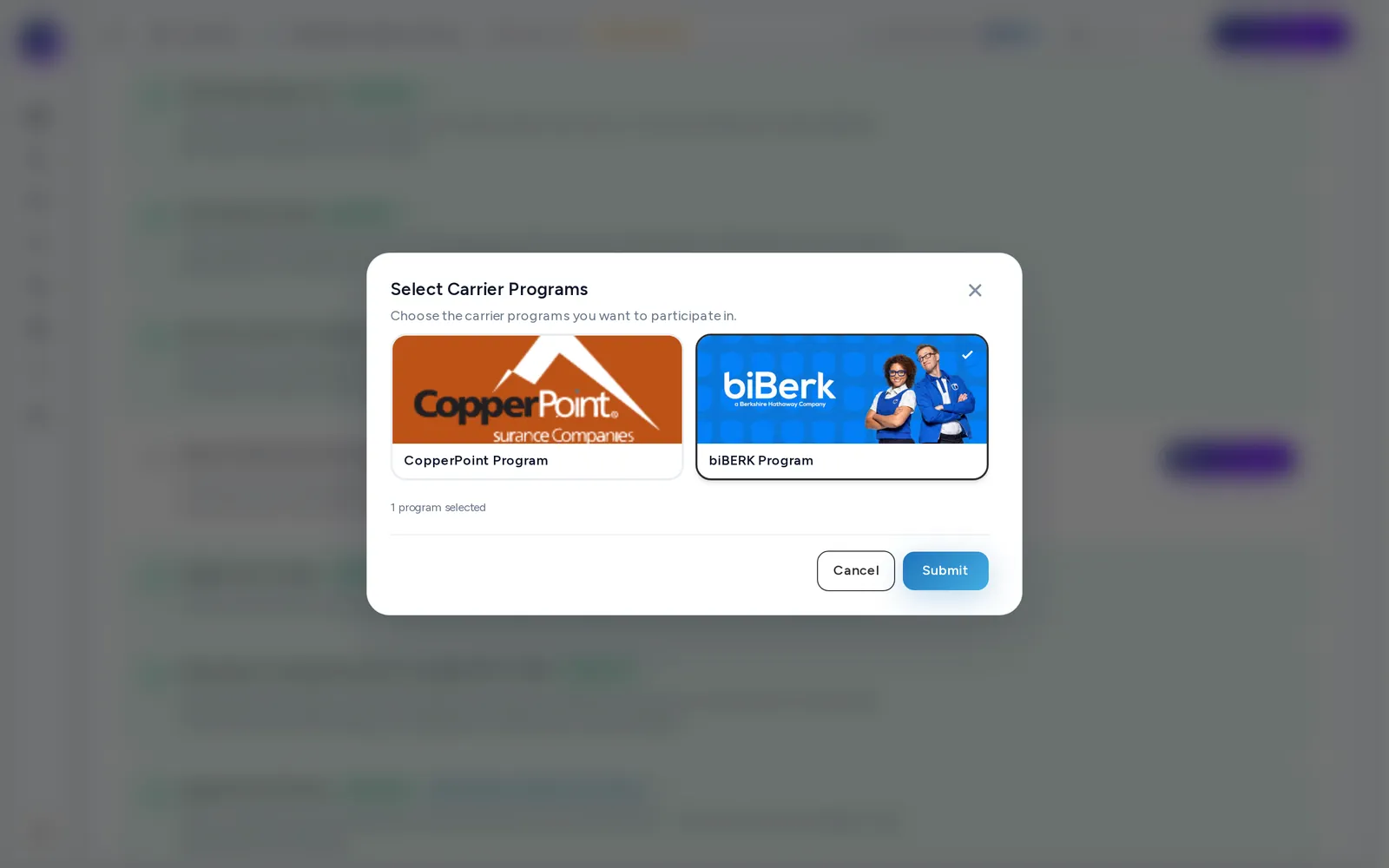 The Select Carrier Programs dialog with the biBerk Program selected.