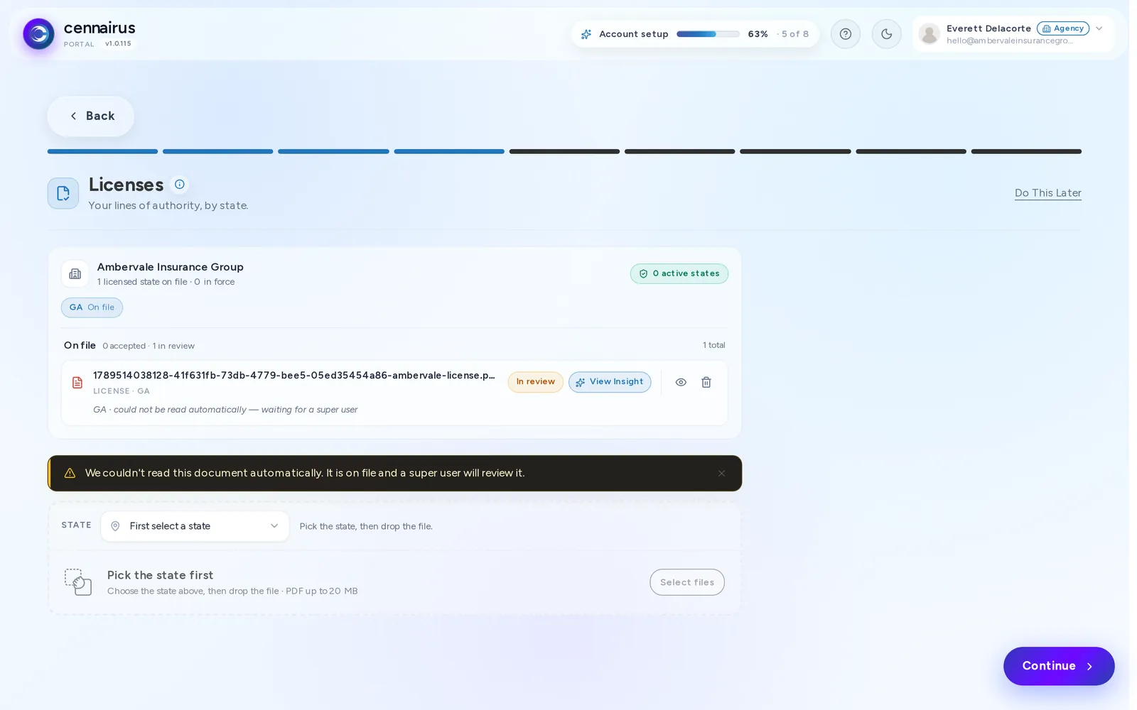 The Licenses step, a state license on file and in review.