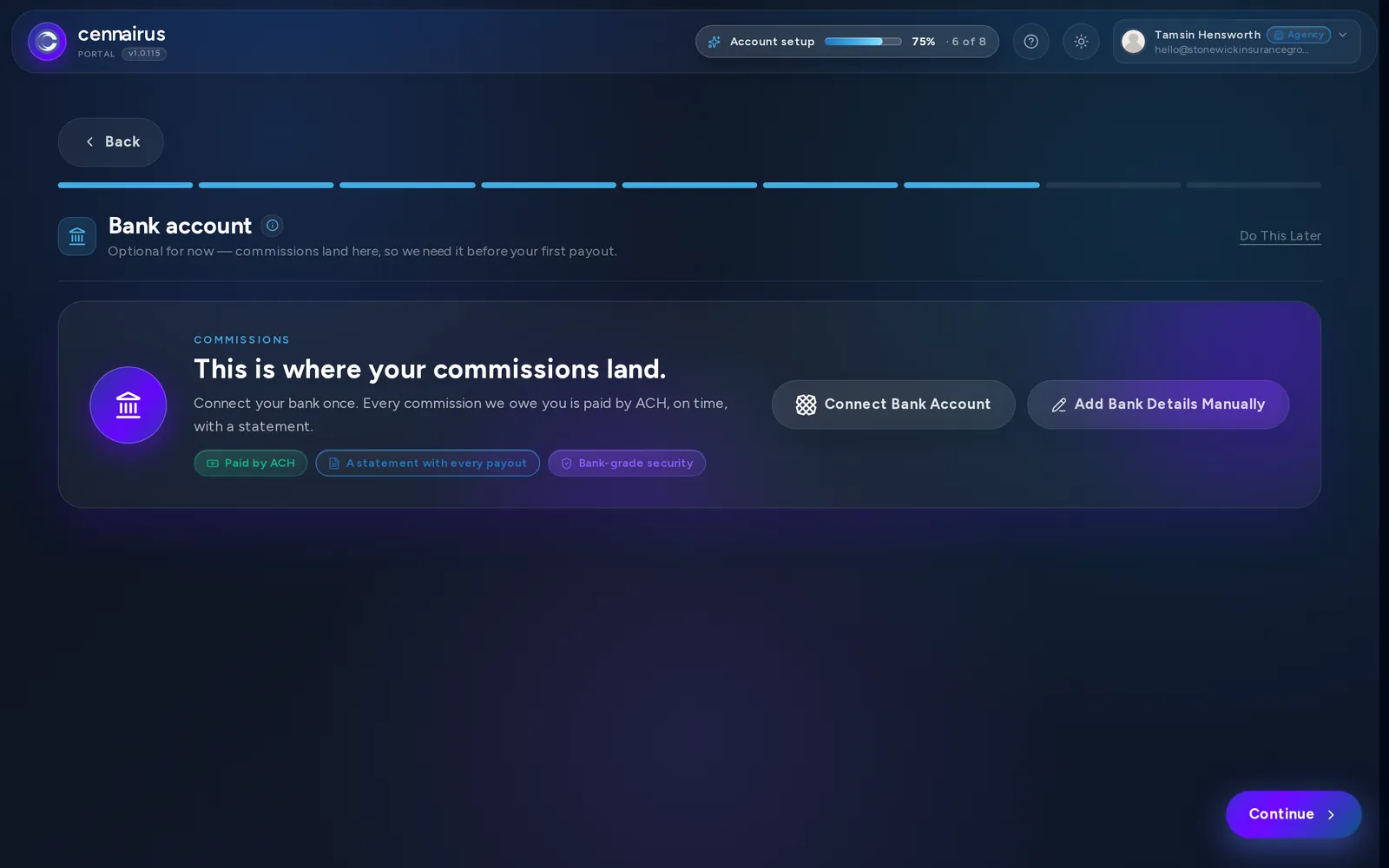 The Bank account step, with the option to add details manually.