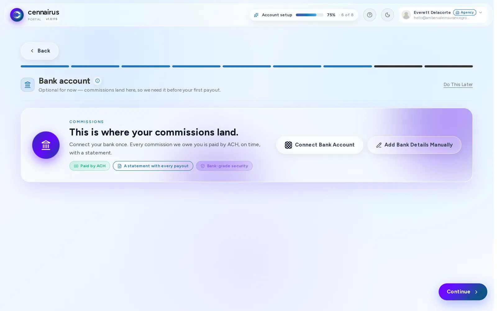 The Bank account step, with the option to add details manually.