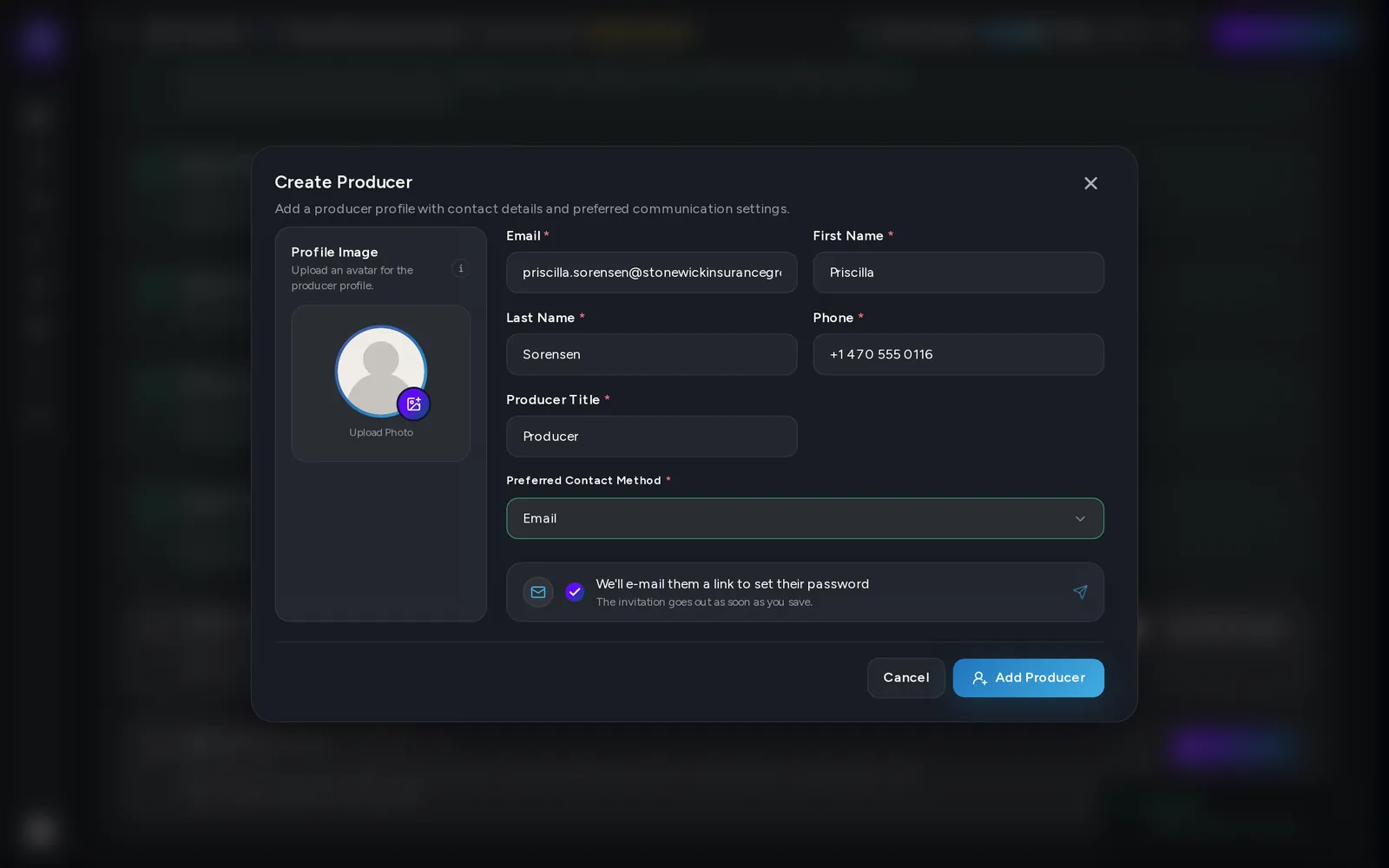 The Create Producer form, filled in and ready to add.