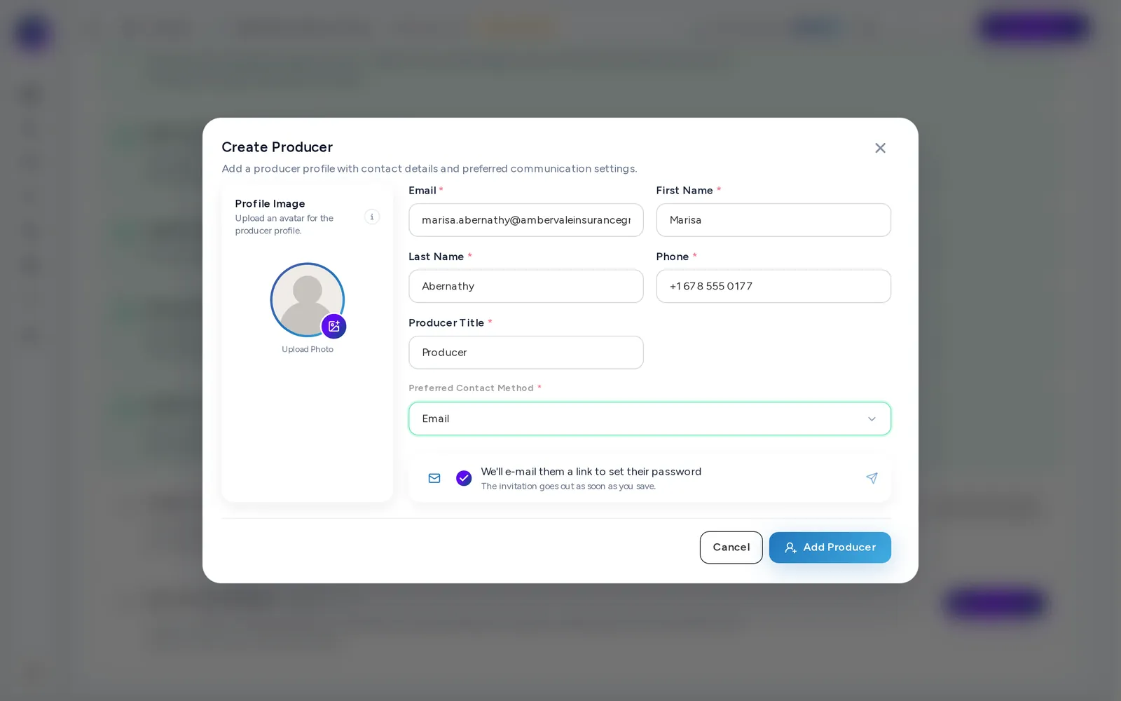 The Create Producer form, filled in and ready to add.