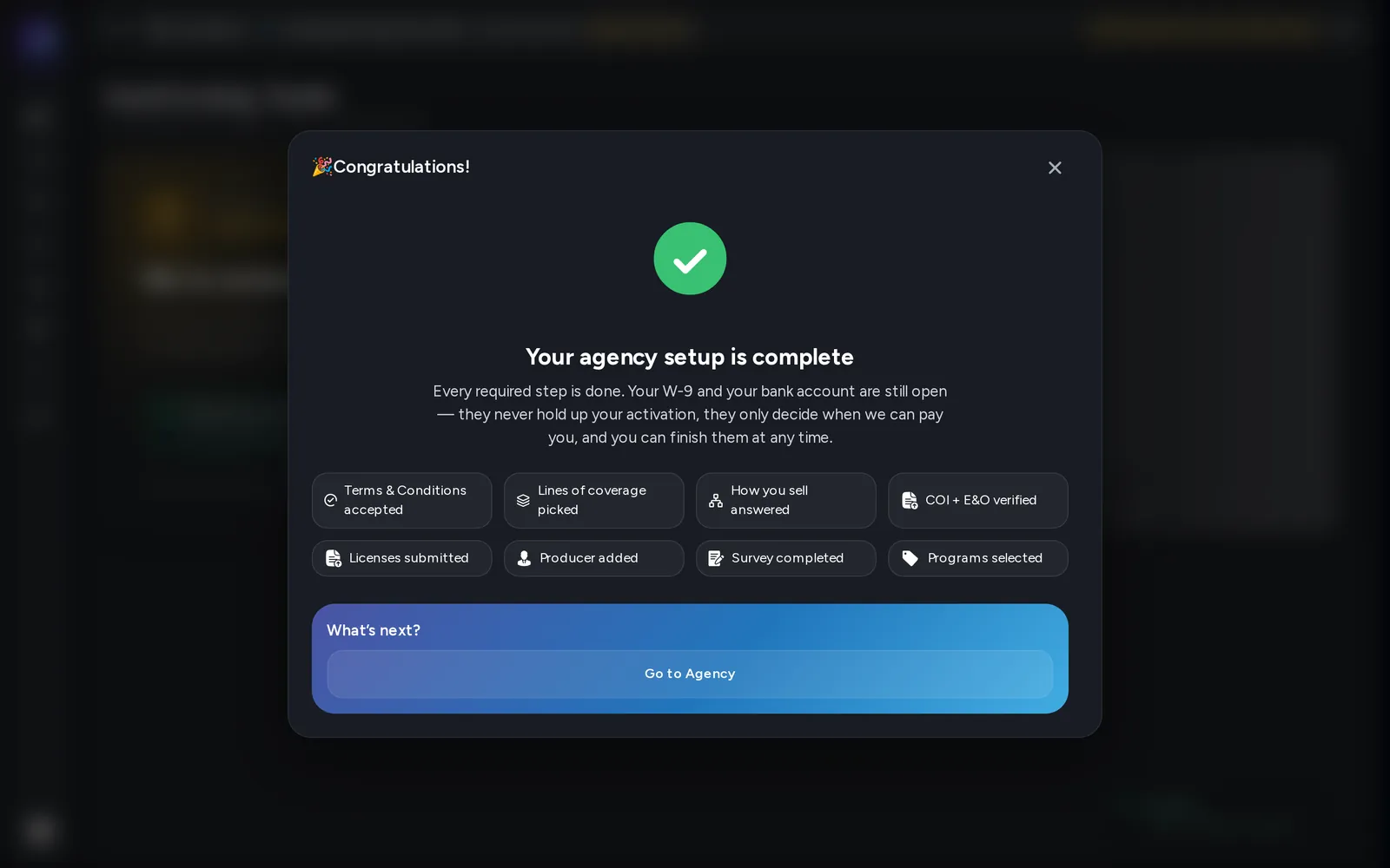 A congratulations screen confirming every required step is done.