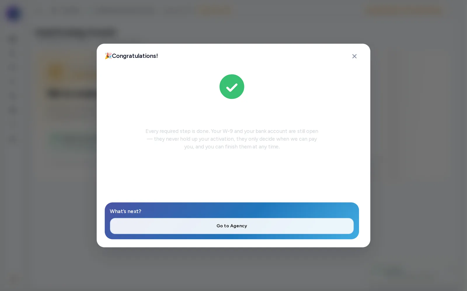 A congratulations screen confirming every required step is done.