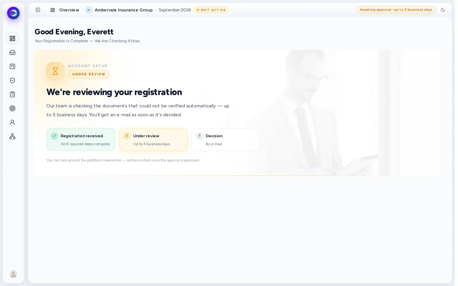A screen reading We're reviewing your registration.