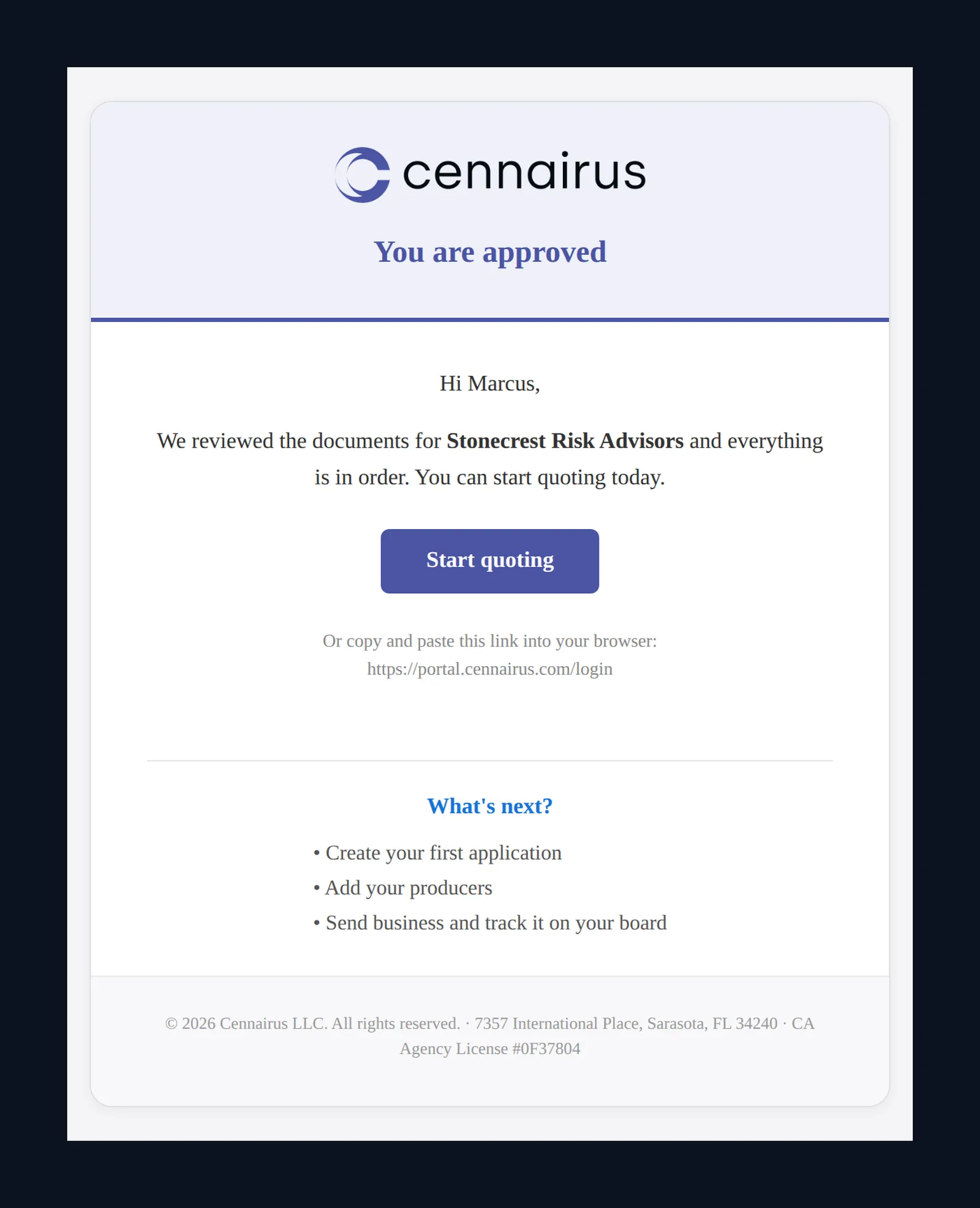 An e-mail confirming the agency is approved to quote.