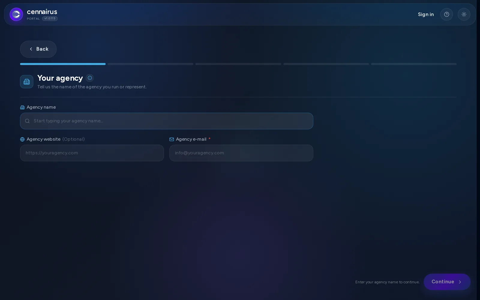 The start of the Cennairus agency sign-up wizard.