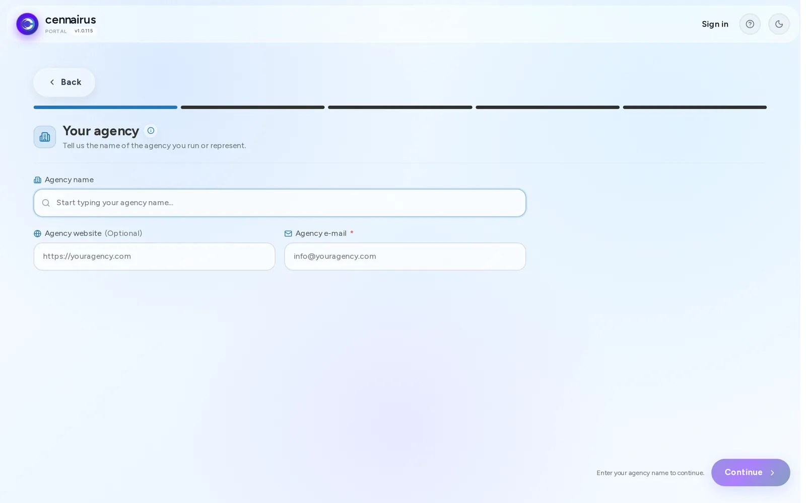 The start of the Cennairus agency sign-up wizard.