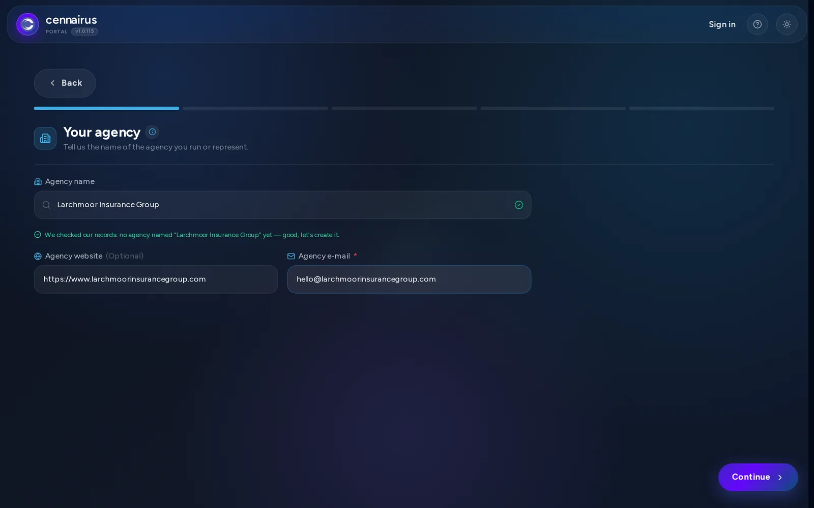 Step 1 of agency sign-up, filled in with the agency's name, address and phone.