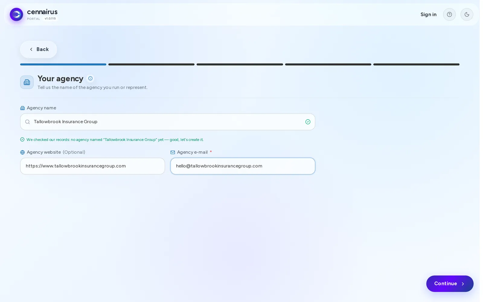 Step 1 of agency sign-up, filled in with the agency's name, address and phone.