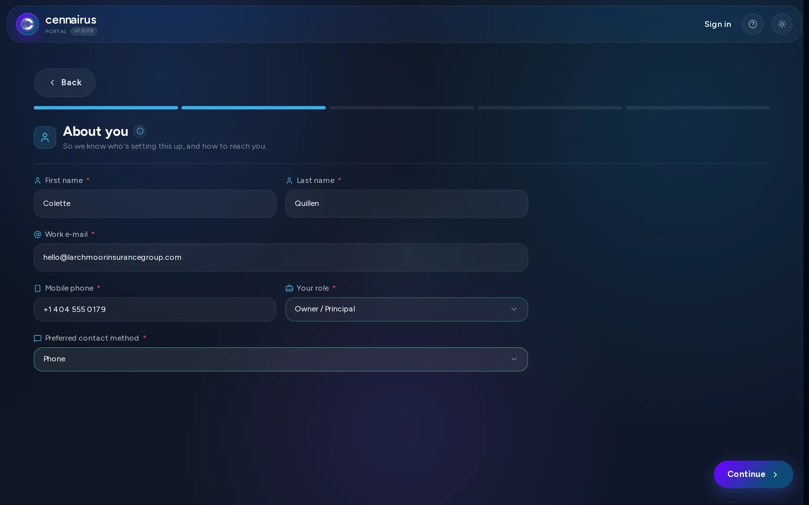 Step 2 of agency sign-up, filled in with the owner's name and role.