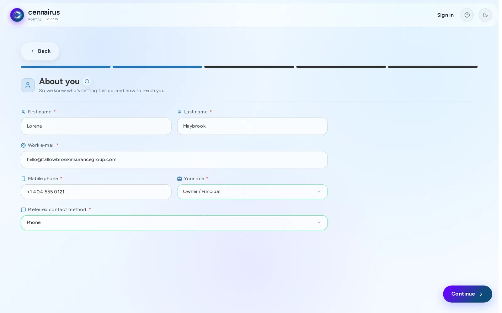 Step 2 of agency sign-up, filled in with the owner's name and role.