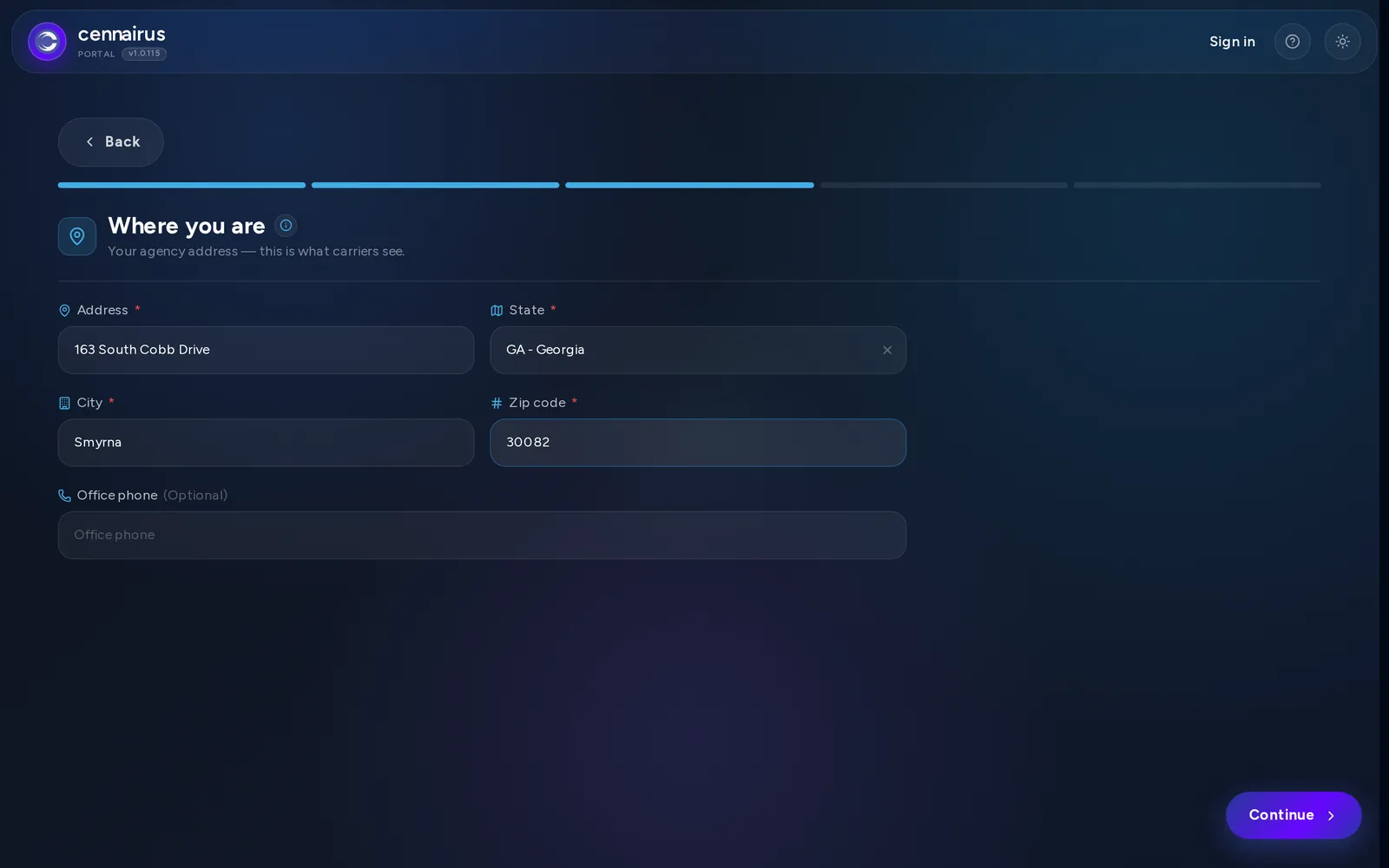 Step 3 of agency sign-up, showing the state the agency does business in.