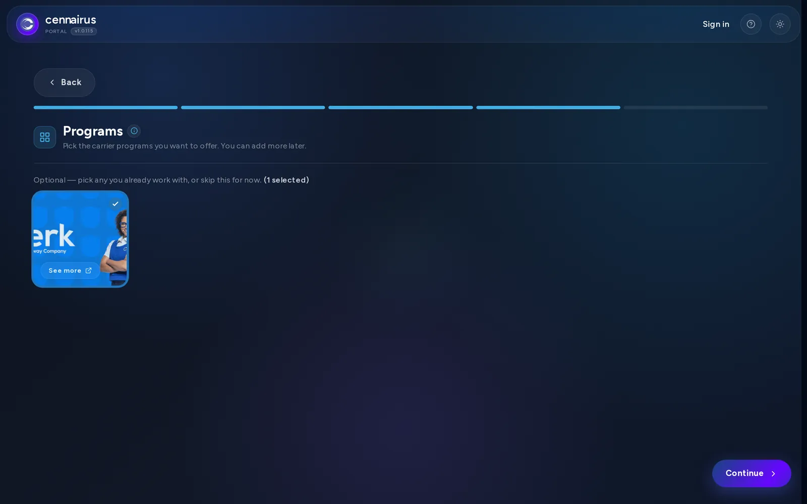 Step 4 of agency sign-up, showing program selection.