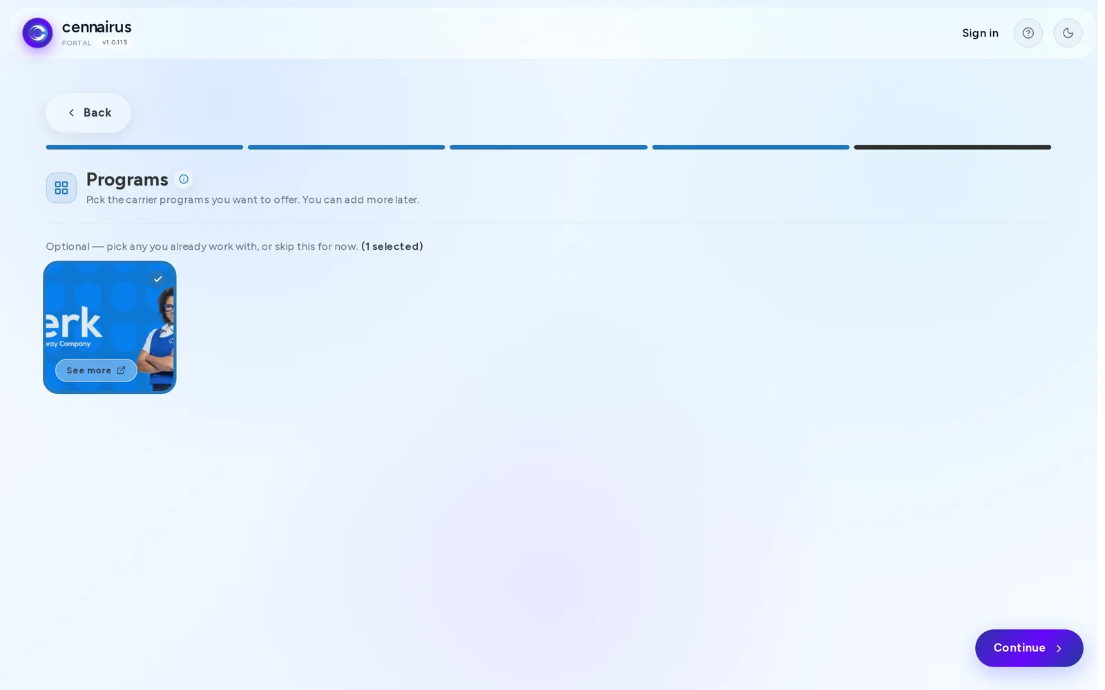 Step 4 of agency sign-up, showing program selection.