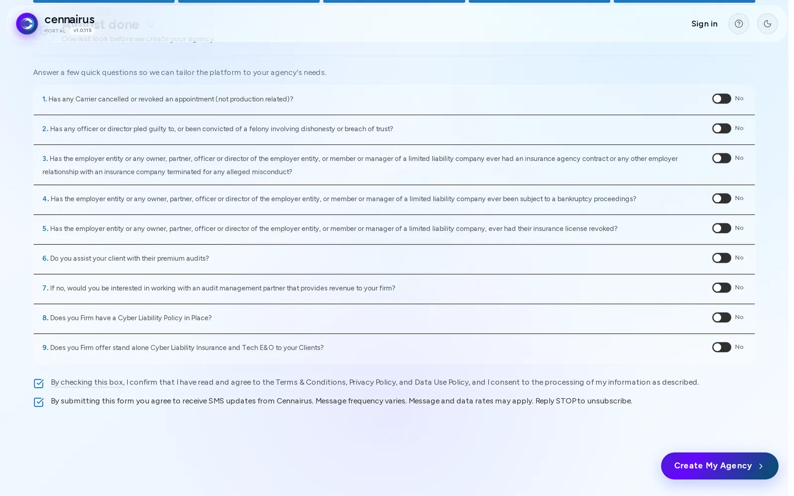 Step 5 of agency sign-up, almost done, with the consent box checked.