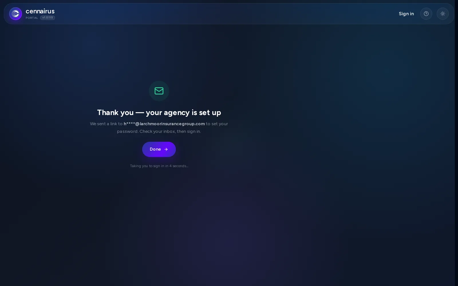 Confirmation screen: your agency is set up, a link to set your password was e-mailed to you.