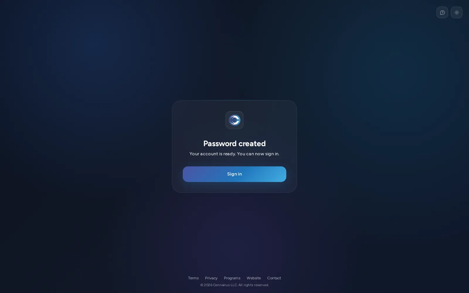 Confirmation screen: password created, your account is ready to sign in.
