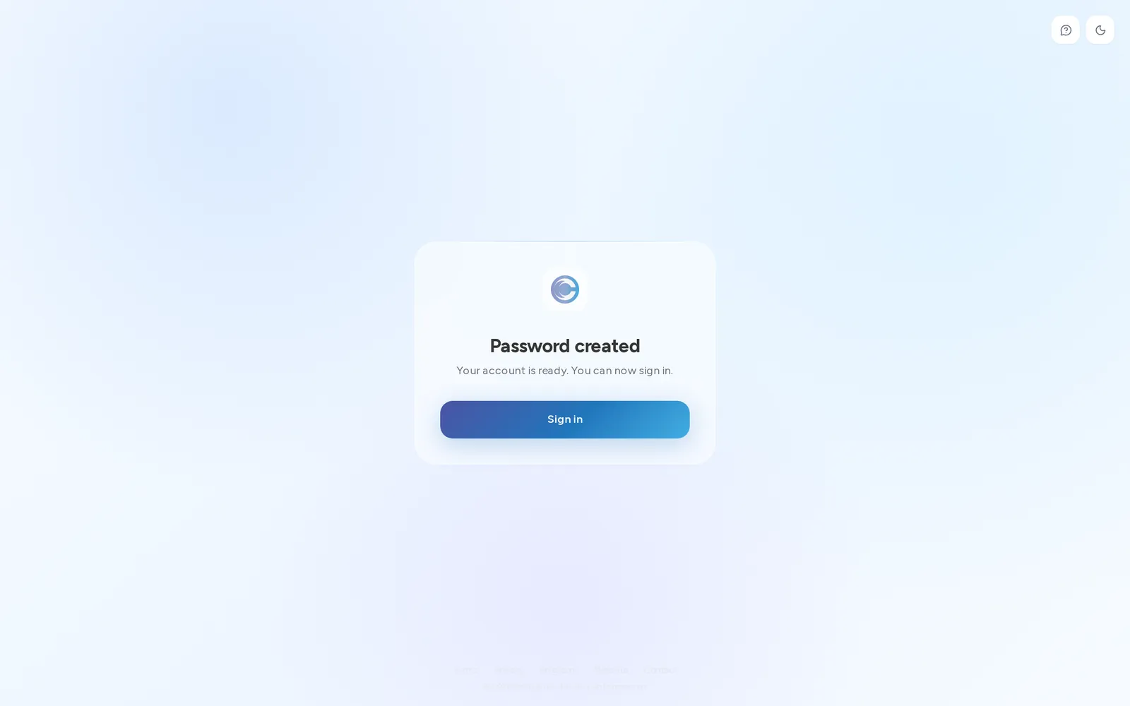 Confirmation screen: password created, your account is ready to sign in.