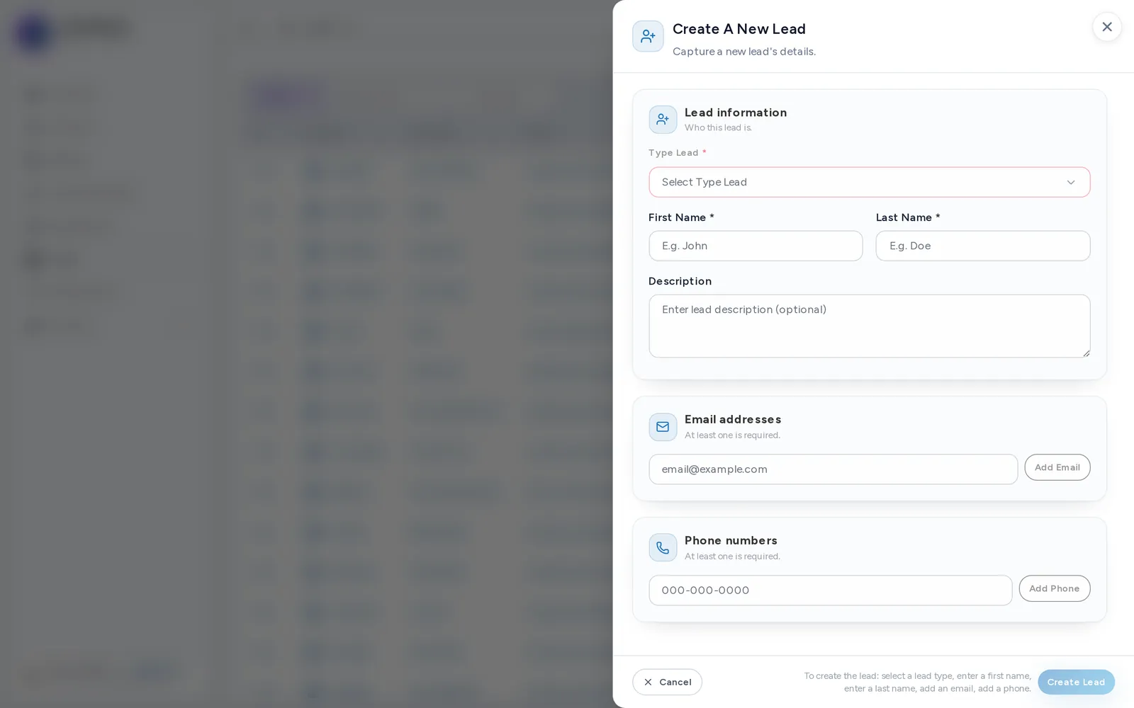 The Create Lead form, open.