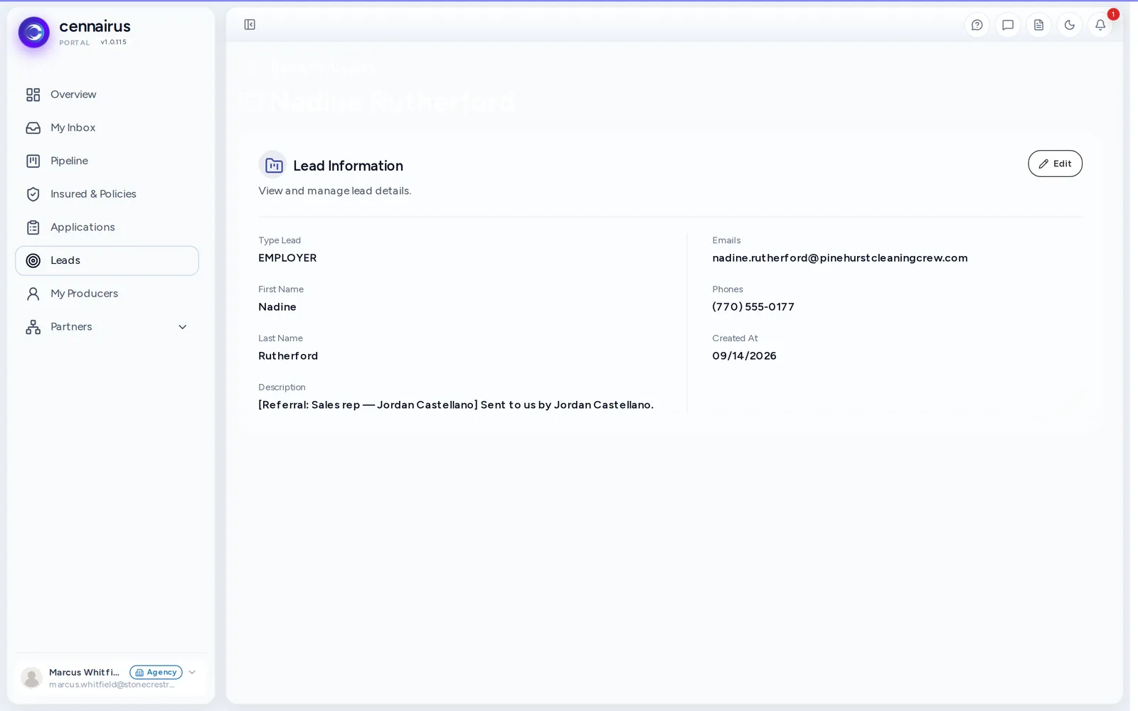 A lead's detail page.