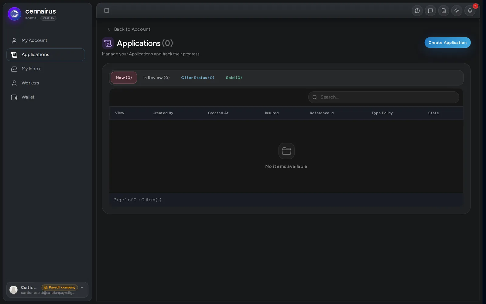 A referral partner's own Applications page, approved and ready, with a Create Application button and no warning.