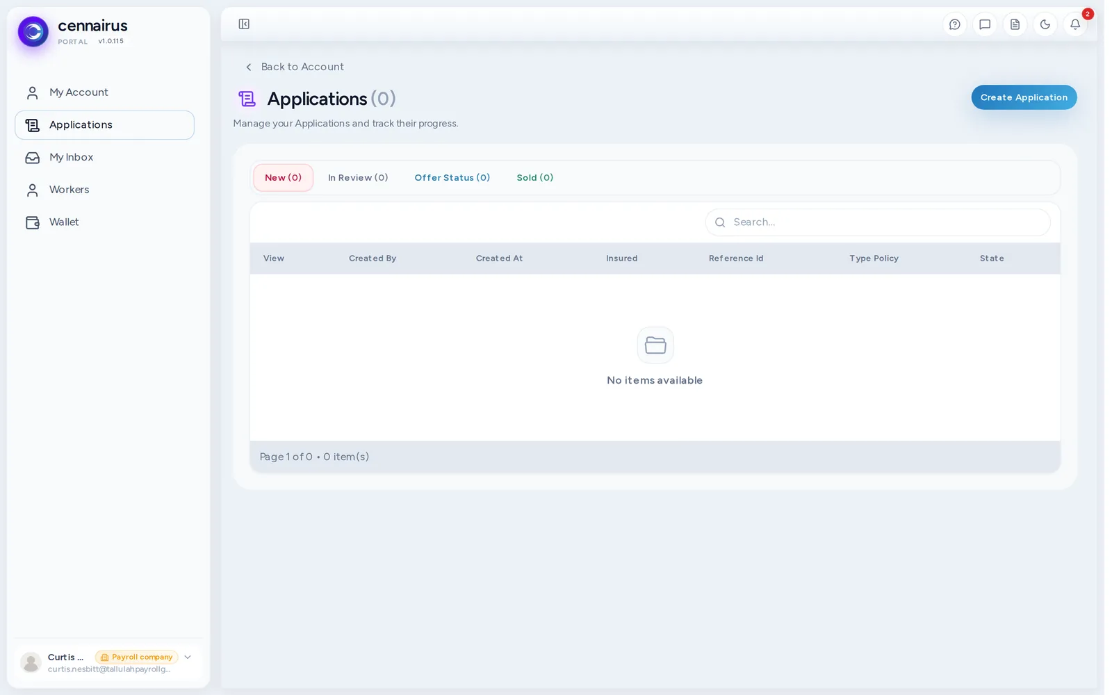 A referral partner's own Applications page, approved and ready, with a Create Application button and no warning.