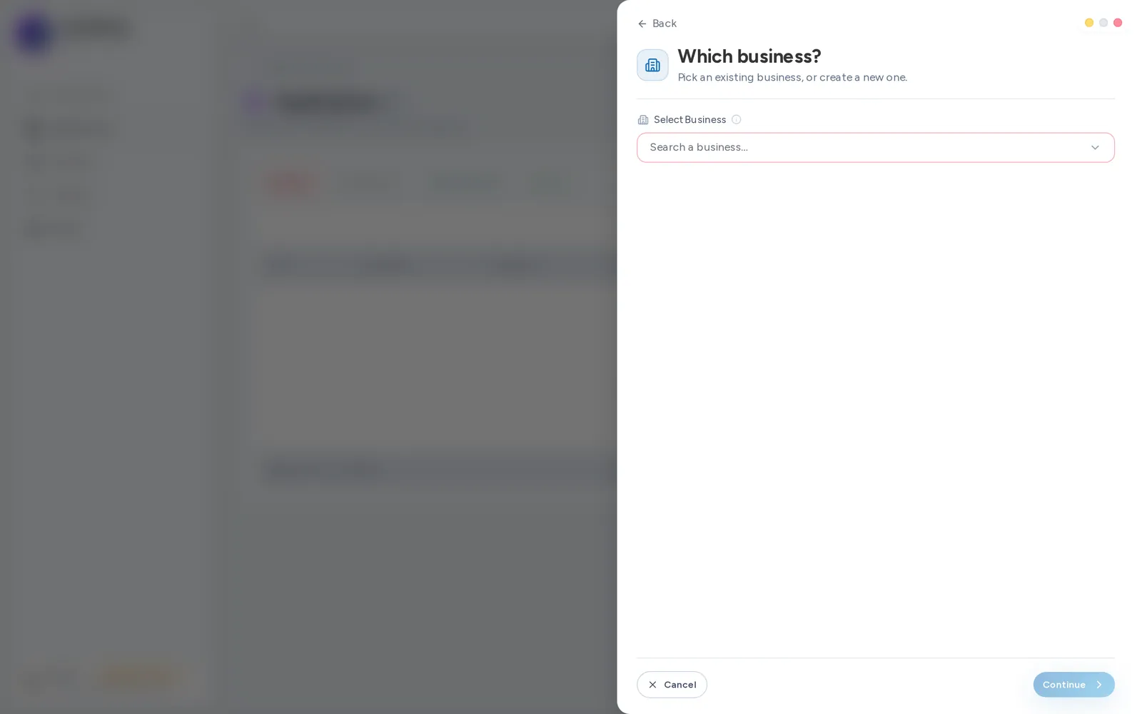 The referral partner's own create-a-lead form, asking which business to search for or add.