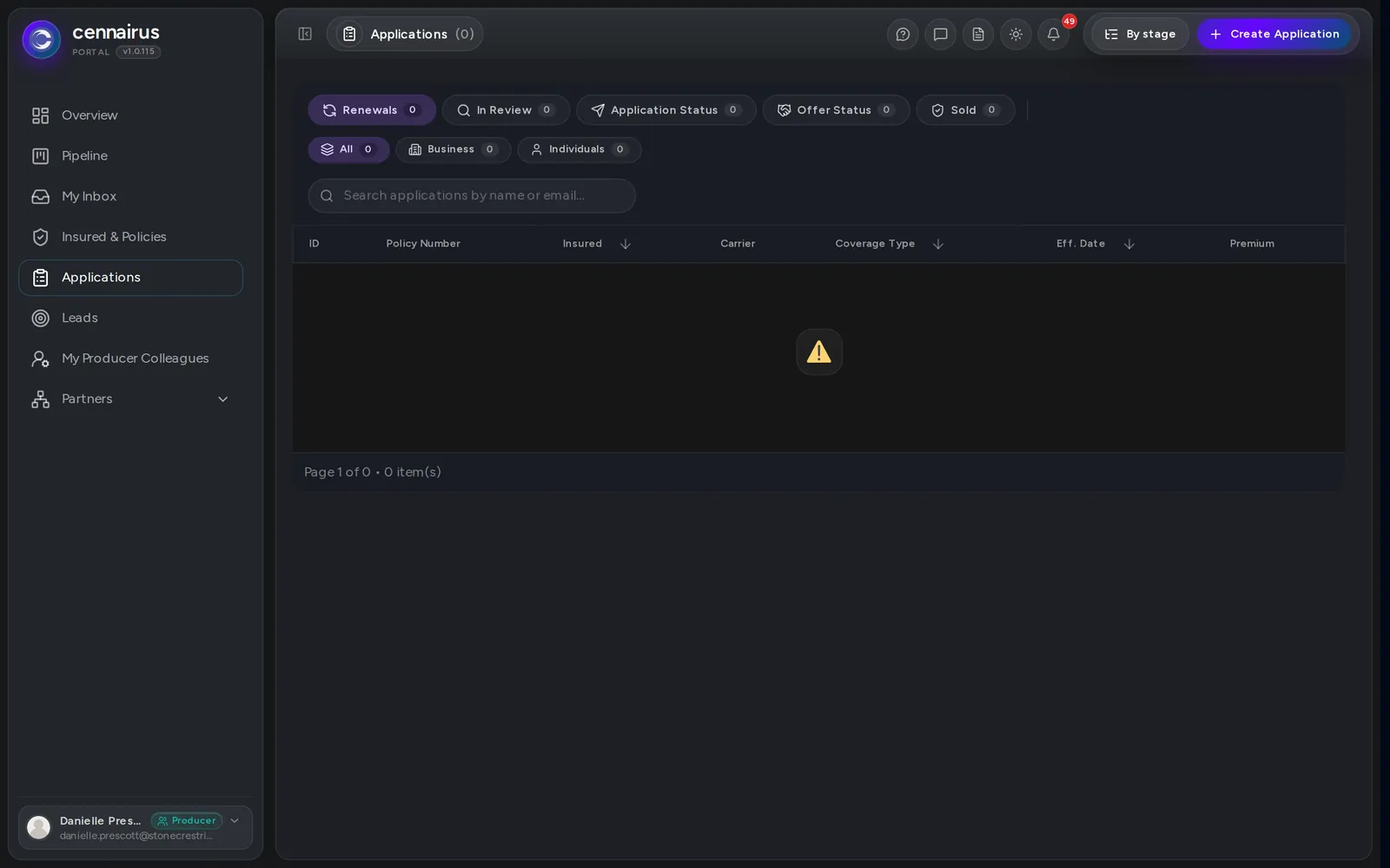 The Applications page, where every deal lives.