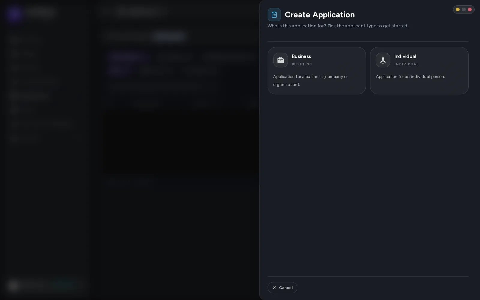 The Create Application button, opening the wizard.