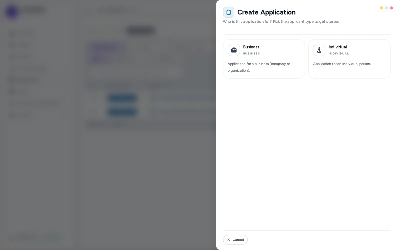 The Create Application button, opening the wizard.