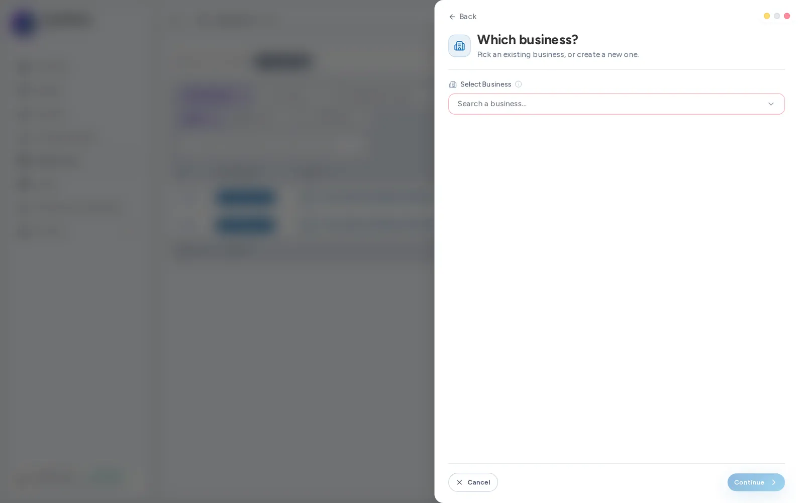 The Which business? step, picking an existing business or creating a new one.