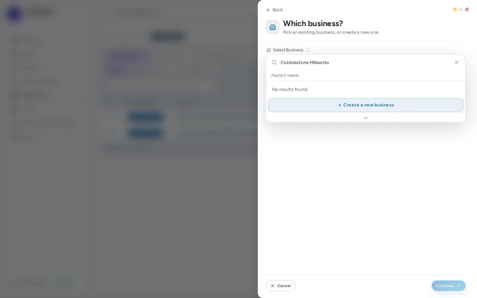 A business search with no results, offering to create a new business.