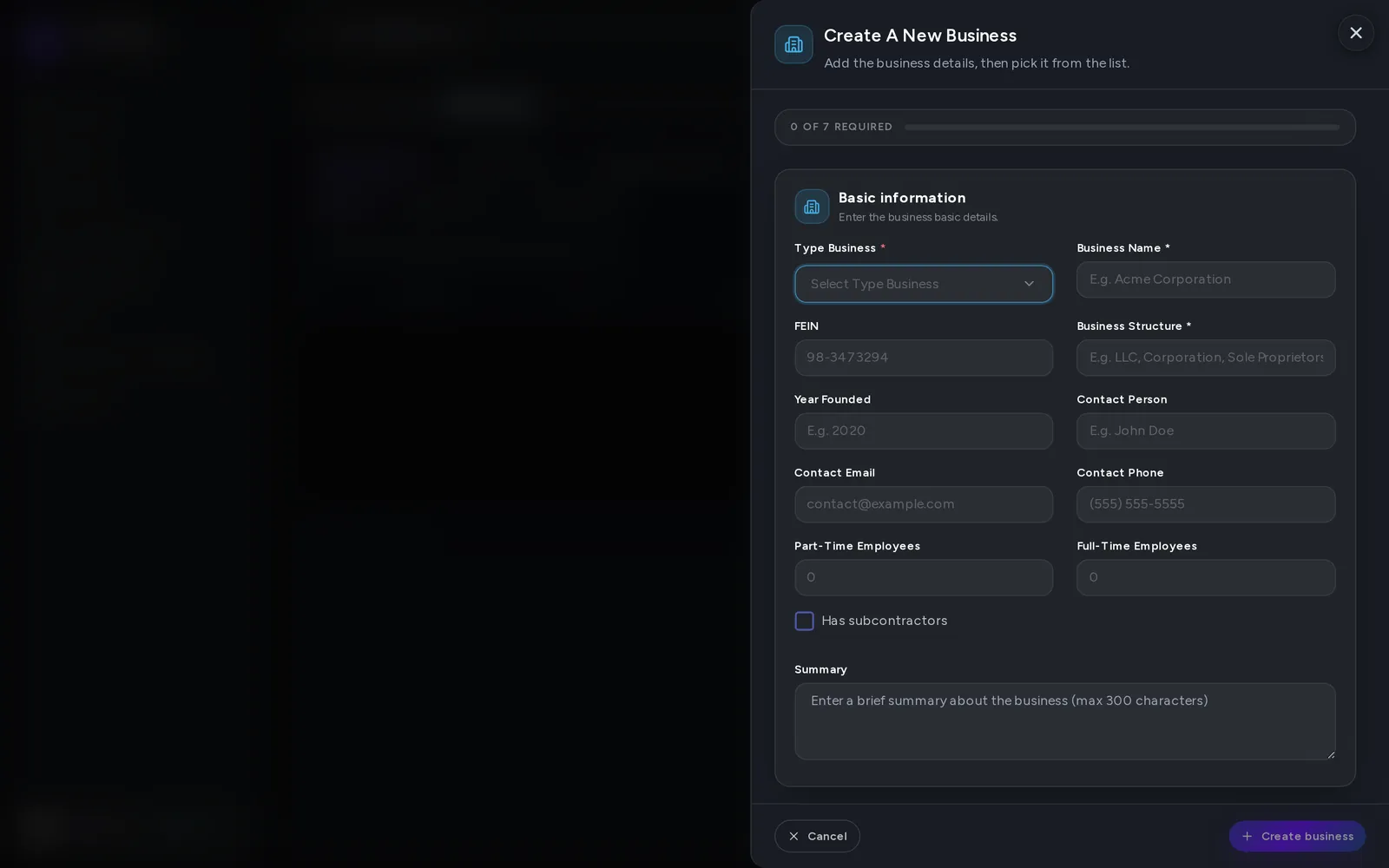 The new-business form, empty, showing 7 required fields.